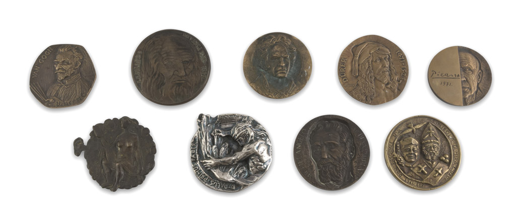 NINE BRONZE MEDALS, EARLY 20TH CENTURY with burnished patina and silver-plated, bas-relief