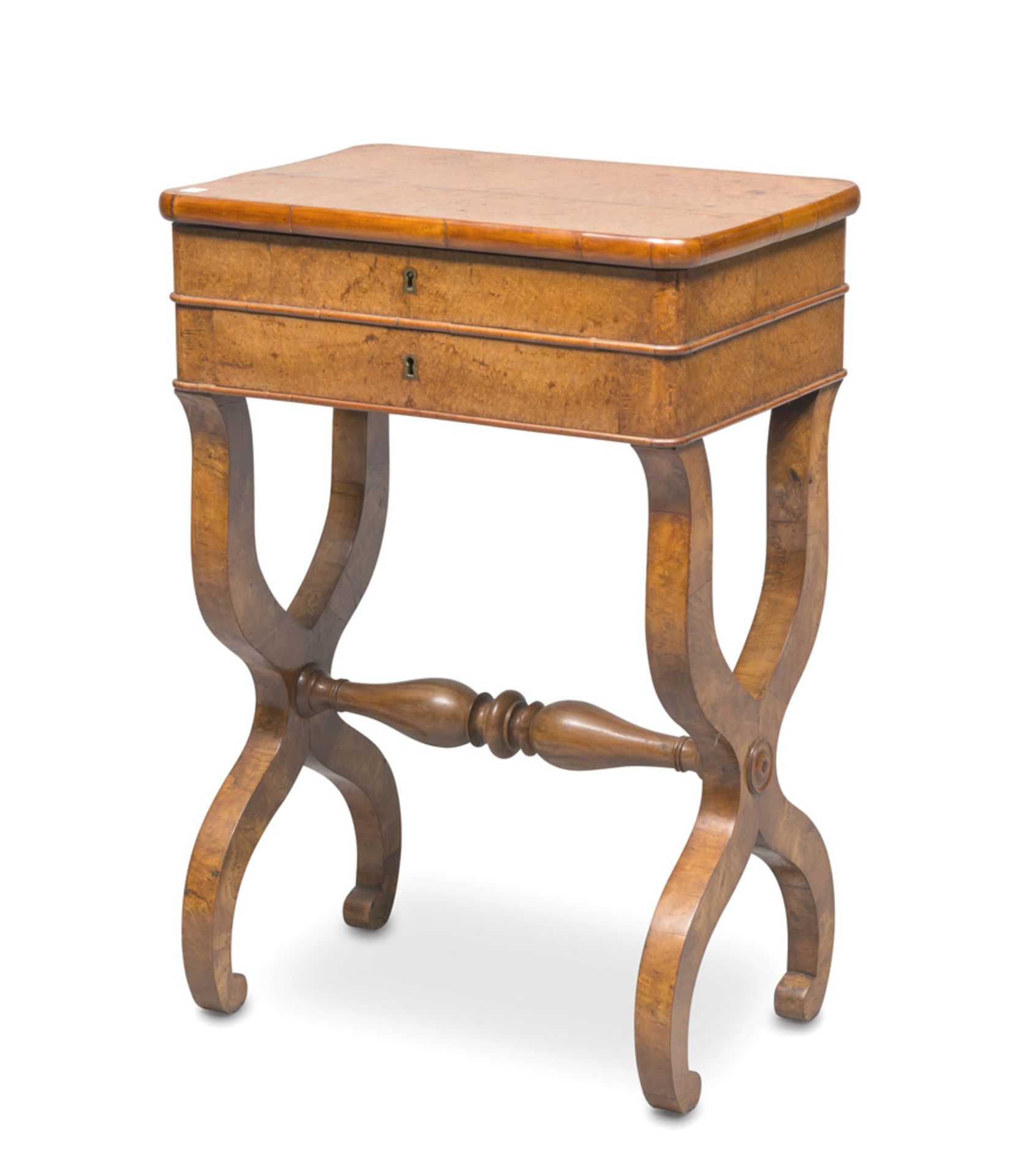 BEAUTIFUL SMALL WORKING TABLE IN BRIAR ELM WOOD, 19TH CENTURY flip-top with mirror, complete of