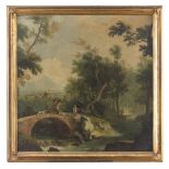 PIEDMONTESE PAINTER, 20TH CENTURY RIVERSCAPE WITH RESTING SHEPHERDS RIVERSCAPE WITH HUNTERS A pair