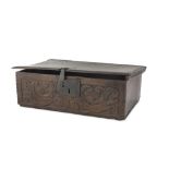 BOX IN OAK, PROBABLY FRANCE 18TH CENTURY with carvings to twisted leaves. Coeval lock. Measures