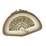 FAN IN PAPER AND NACRE, FRANCE 19TH CENTURY painted with aristocrat musicians. Sticks decorated in