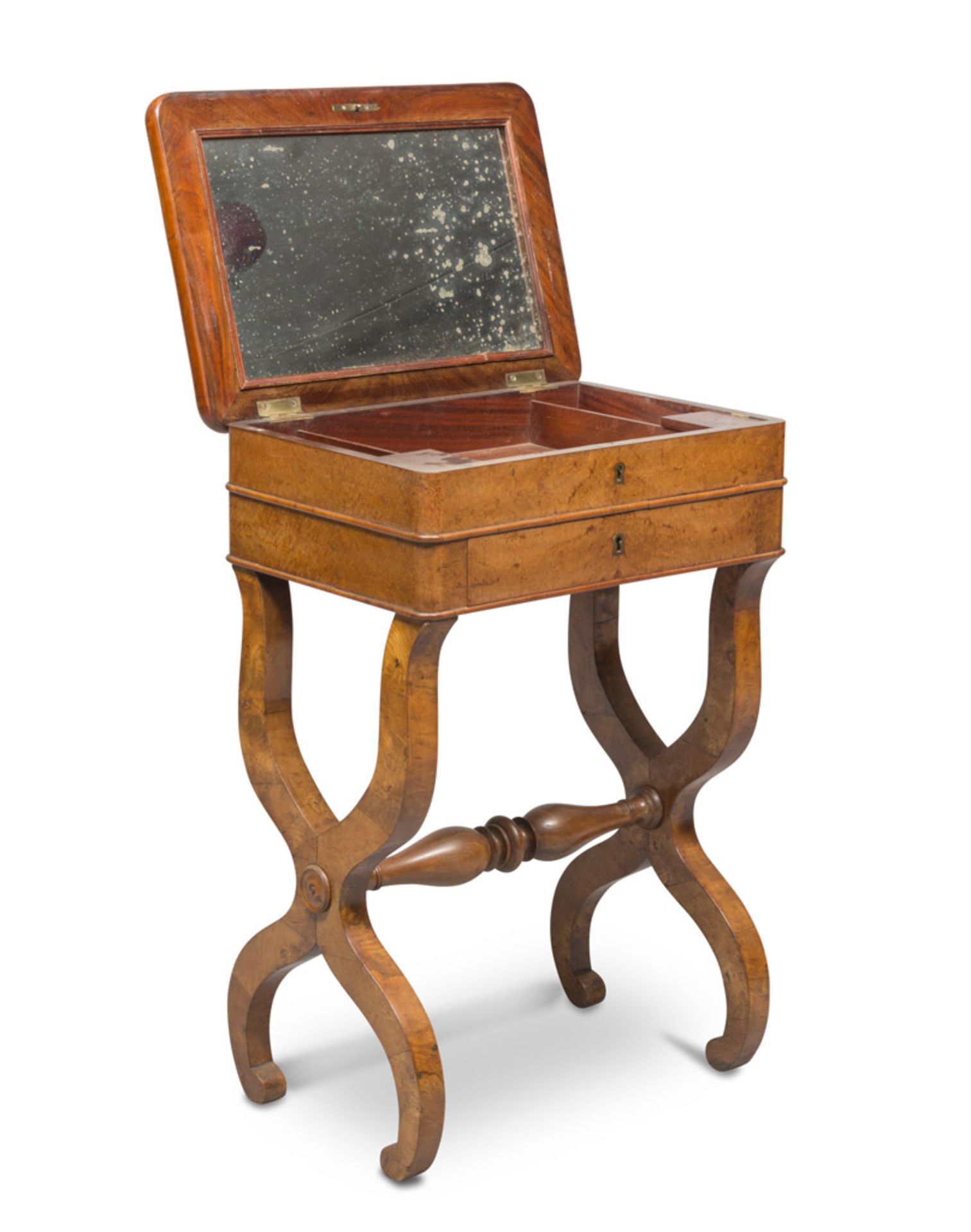 BEAUTIFUL SMALL WORKING TABLE IN BRIAR ELM WOOD, 19TH CENTURY flip-top with mirror, complete of - Image 2 of 2