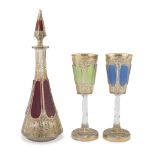 BOTTLE AND TWO DRINKING GLASSES, PROBABLY AUSTRIA, EARLY 20TH CENTURY body decorated with floral