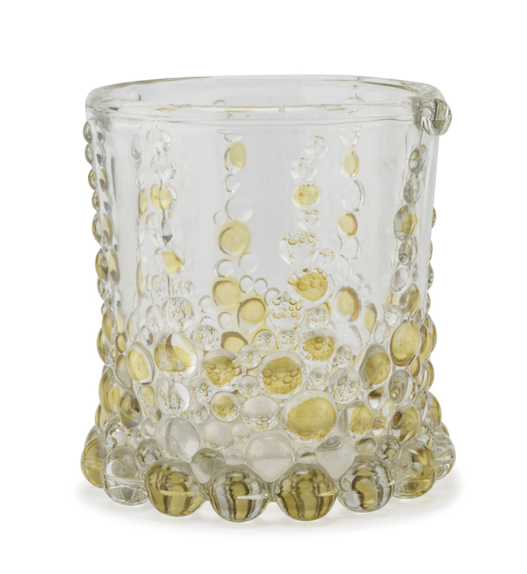 GLASS VASE, 1950S transparent glass decorated with little bubbles on yellow ground. Measures cm.