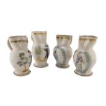 FOUR CERAMIC PITCHER, PUGLIA 19TH CENTURY cream and polychrome enamel decorated with costumes and