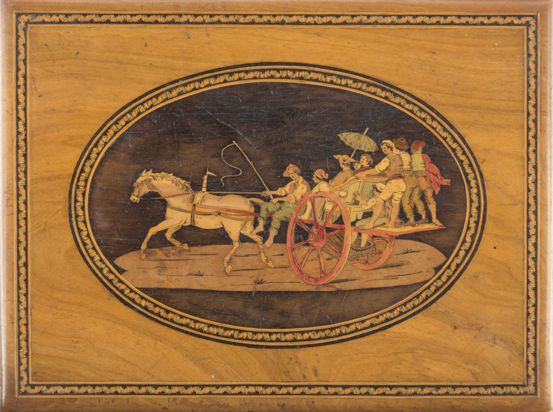 WOOD COVER, SORRENTO 19TH CENTURY in walnut inlaid in fruit woods with scene of the return from