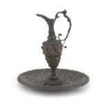 BRONZE JAR AND DISH, LATE 19TH CENTURY decorated with bas-relief of grotesques, floral motifs and