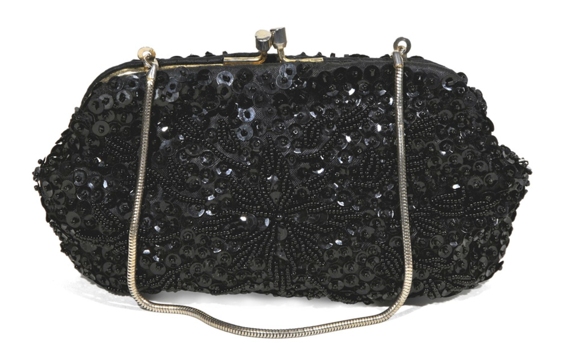 EVENING PURSE, 1950S in black fabric overall embroidered with beads and paillettes, short chain