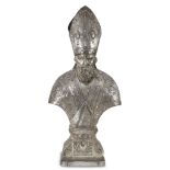 BUST OF SANT'EUSTORGIO IN SILVER-PLATED METAL, PROBABLY LOMBARDY FINE 18TH CENTURY with wooden shaft