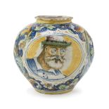 MAIOLICA VASE, VENICE 17TH CENTURY polychrome enamel decorated with two reserves with male portraits
