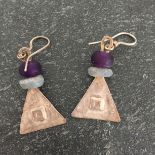 Guy Royle (XX)A pair of silver triangular drop earrings with purple stone, artist's mark to verso,