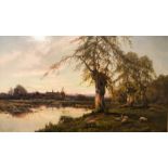 Alfred de Breanski (1852-1928)Sheep Grazing by the Lake, oil on canvas, signed,30" x 49".