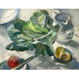 Marjorie Mostyn (1893-1979) Still Life, Jug and Fruit, oil on board, signed, 13" x 17.5".