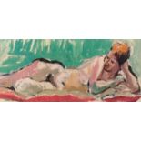 Eric James Mellon (1925-2014) Reclining Nude, Green Background, oil on board, signed, 5.5" x 12".