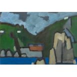 Michael Upton (1932-2002) Lamorna, Cornwall from the Sea, acrylic, signed, inscribed to verso, 6"