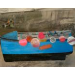 Emma Jeffryes (1967-) Buoys on Blue Boat, acrylic on canvas, signed, 16" x 20".