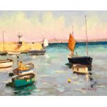 Eric Ward (1945-) St Ives Harbour, Pink Sky, oil on canvas, signed, 10" x 12".