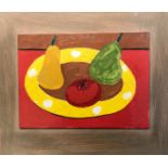 Bryan Illsley (1937-) Fruit on a Plate, 1972, oil on board, signed, and signed, titled and dated