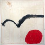 Roger Hilton (1911-1975) Black Bird, Red Sun, c1975, oil on artist's handkerchief, 23" x 23". This