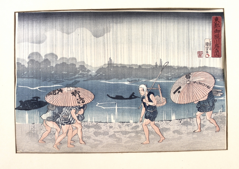 Utagawa Kuniyoshi (Japanese, 1797-1861): 'At The Shore of the Sumida River', - Image 4 of 7