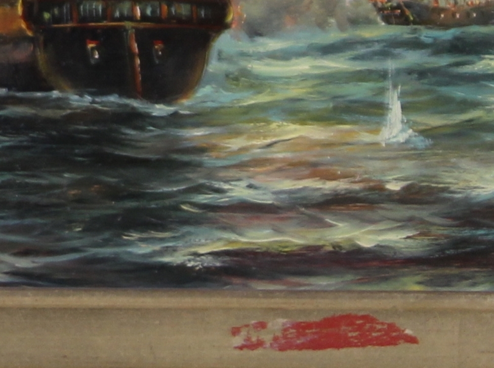 A modern Dutch maritime oil on board, depicting a sea battle, 35 by 45cm, - Image 3 of 3