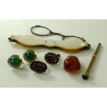 A pair of 9ct gold earrings with conical jade cabochons, screw backs, 6g,