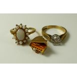 A group of 9ct gold rings and jewellery, comprising a Jersey Pearl, seed pearl and opal ring,