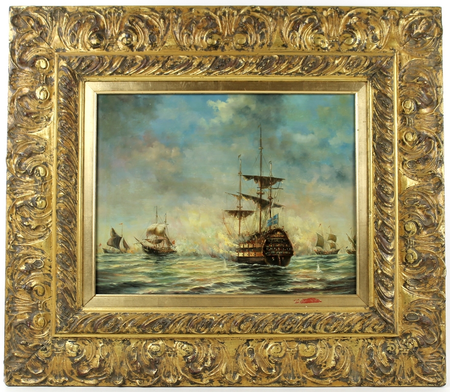 A modern Dutch maritime oil on board, depicting a sea battle, 35 by 45cm, - Image 2 of 3