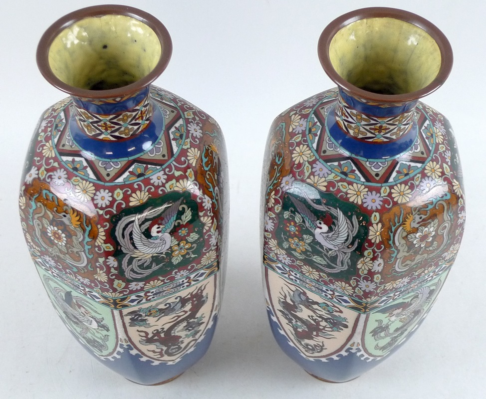 A pair of mid 20th century cloisonne vases, of hexagonal form, - Image 2 of 6