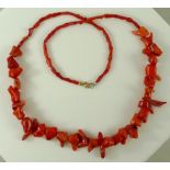 A red fire coral necklace of organic form, with 9ct and 9K gold clasp, 73cm, 79g,
