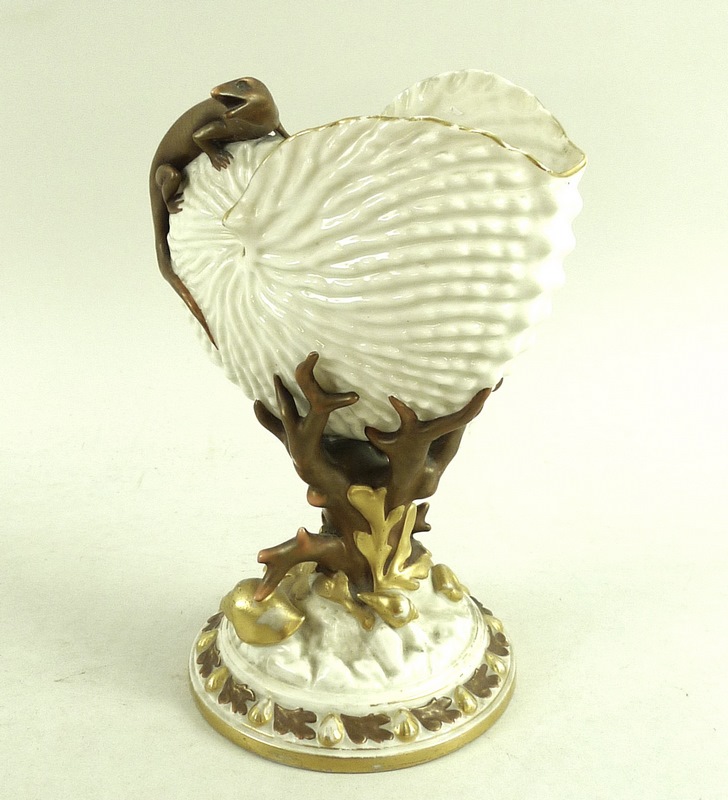 A Royal Worcester nautilus shell with applied salamander, the stem formed as coral and seaweed, - Image 2 of 5