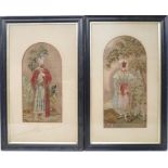 A pair of 19th century wool and needlepoint pictures of an Arab man in turban and cloak and a