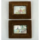 A pair of Japanese painted enamel plaques, depicting a woman and child sweeping,