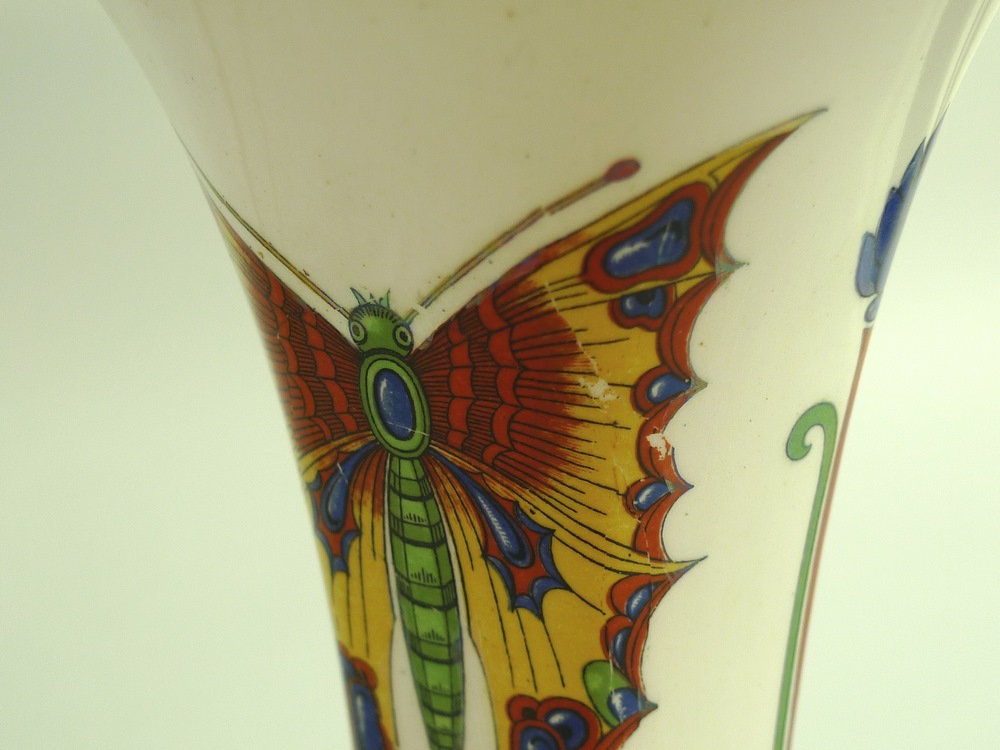 A pair of Crown Ducal Art Nouveau lustre vases, each decorated with vibrant red, - Image 5 of 6