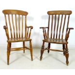 Two Victorian grandfather chairs with lath backs, one with H stretcher,