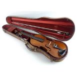 A 4/4 violin, with well flamed one piece back, scroll carved with precision bow,