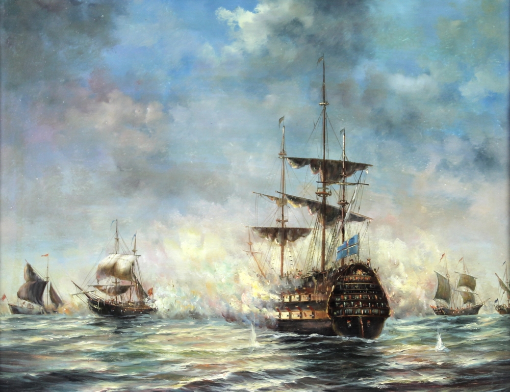 A modern Dutch maritime oil on board, depicting a sea battle, 35 by 45cm,