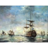 A modern Dutch maritime oil on board, depicting a sea battle, 35 by 45cm,