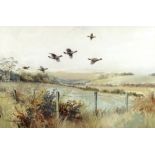 Roland Green (British, 1895-1972): 'A Covey of Partridges in flight from a copse', watercolour,