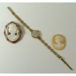 A 9ct gold mounted cameo brooch, the two banded mount of floral design, with safety chain, 11.