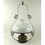 A Hanging Harp oil lamp, with wrought iron and brass fittings, 46 by 77cm high.
