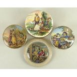A collection of four 19th century pot lids, one depicting The Fish Barrow, lace border, 13cm,