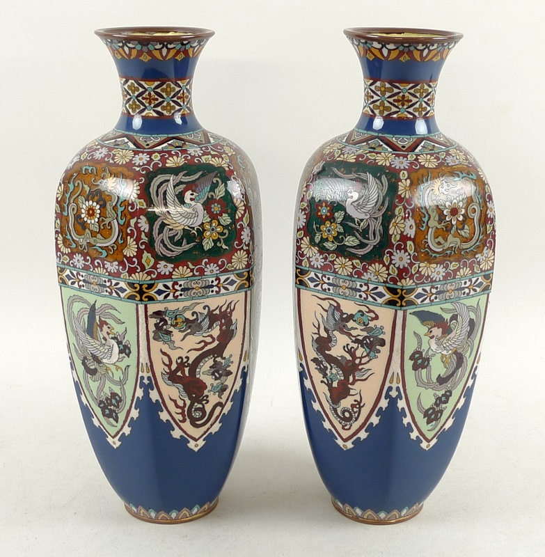A pair of mid 20th century cloisonne vases, of hexagonal form,