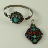An Indian Kashmiri silver, lapis lazuli, turquoise and coral pendant, and a Kashmiri silver,