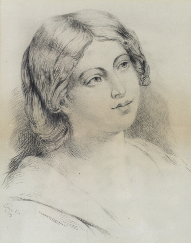 Louisa Hill (British, 19th century): a pencil portrait of a young girl,