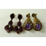 A pair of 9ct gold and pink stone drop earrings, likely garnets, screw backs, one stone cracked, 4.