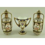 A group of china, comprising a Royal Crown Derby vase with two handles,