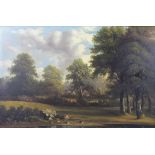 After John Constable (British, 1776-1837): a landscape scene with cottages behind pastures,