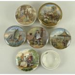 A collection of 19th century pot lids, comprising Cattle by Ruins, with gold rim, 12.