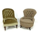 Two Victorian nursing chairs, with button back upholstery, turned supports and castors,